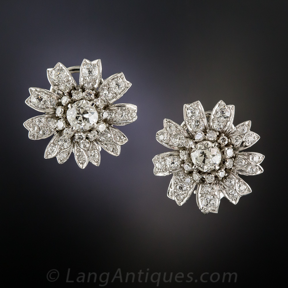 Vintage Platinum Diamond Flower Earrings