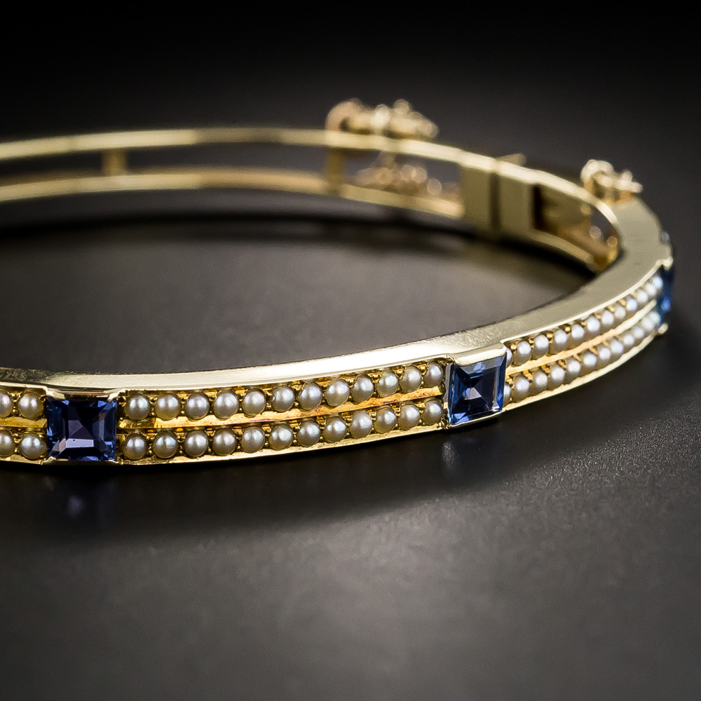 Vintage Sapphire and Seed Pearl Bangle Bracelet