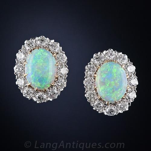 Vintage Style 18k Opal and Diamond Cluster Earrings