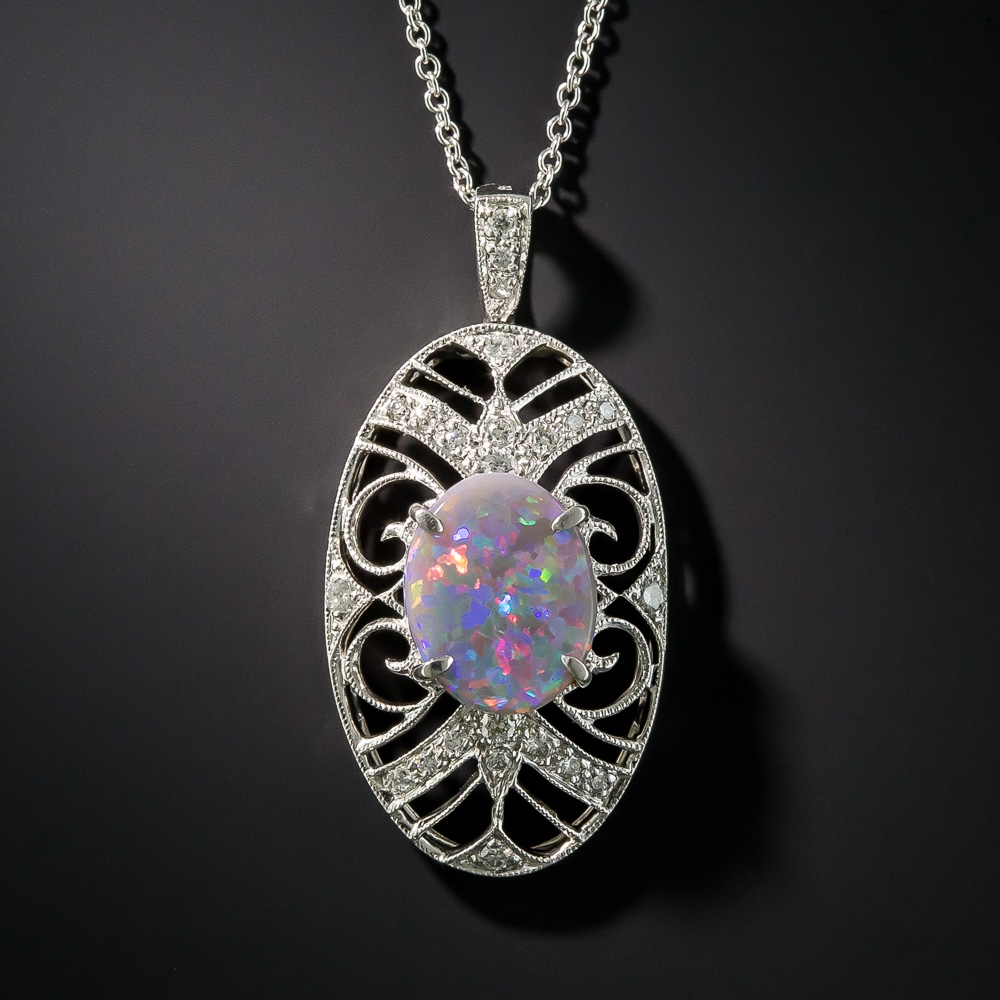 Vintage Style Black Opal Diamond Platinum Pendant