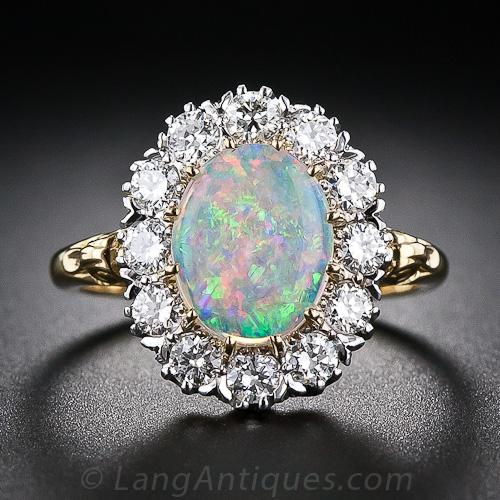 Vintage Style Opal and Diamond Halo Ring