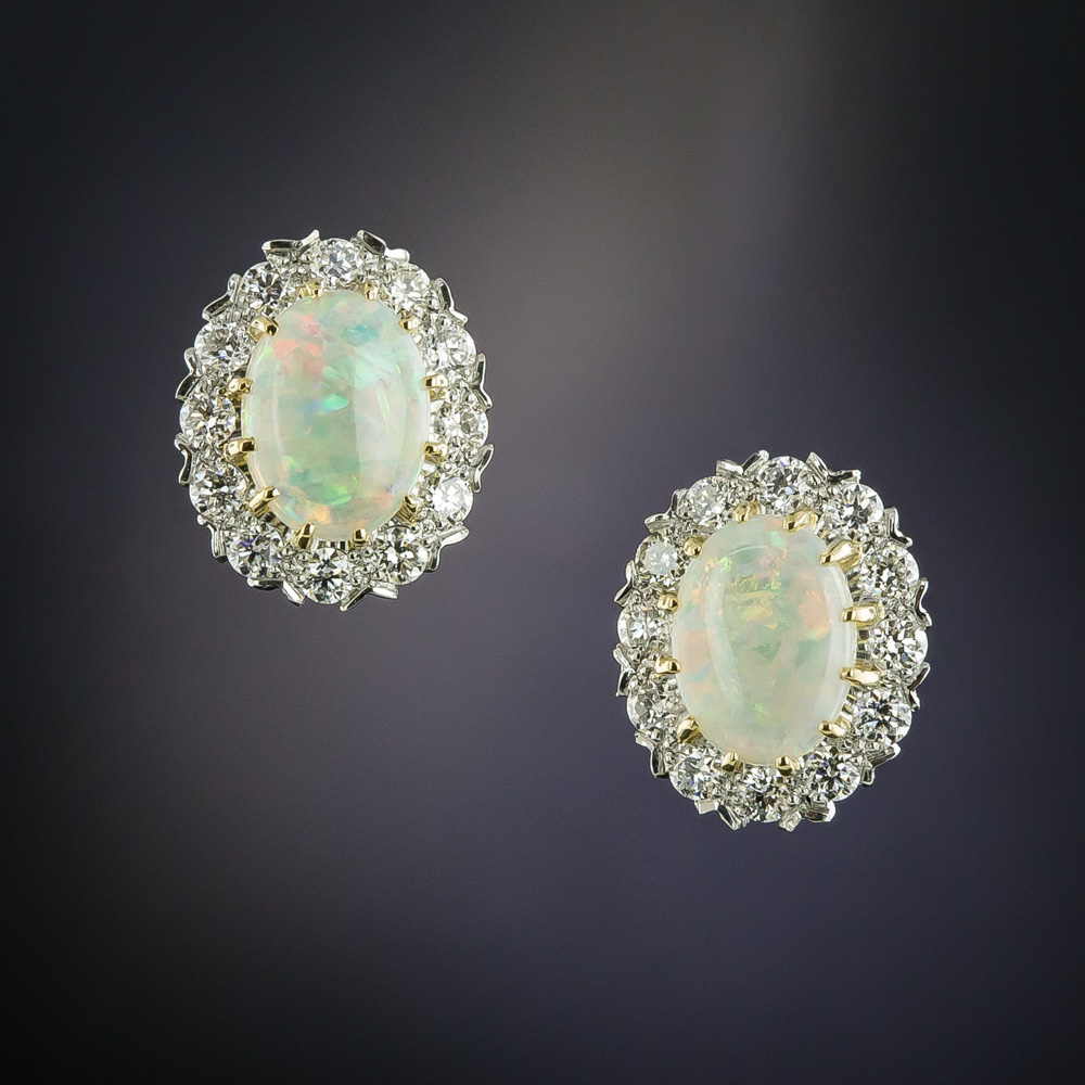 Vintage Style Opal Cabochon and Diamond Cluster Earrings