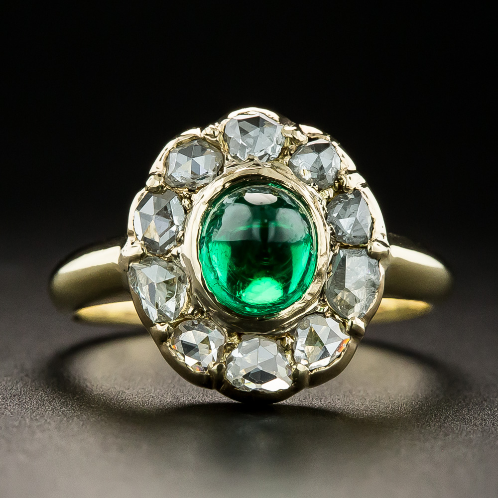 Vintage Sugarloaf Emerald and Diamond Halo Ring - GIA