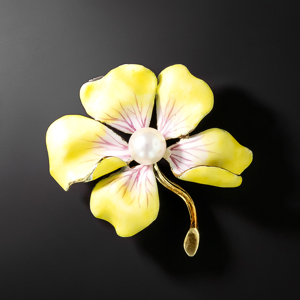 Vintage Yellow Enamel And Pearl Flower Pin By Larter