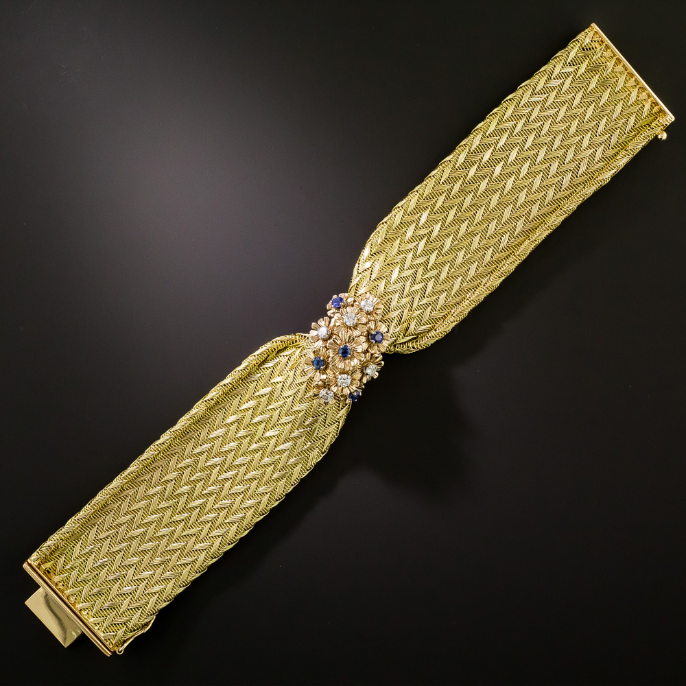 Wide 18K Mesh Bracelet with Diamonds and Sapphires