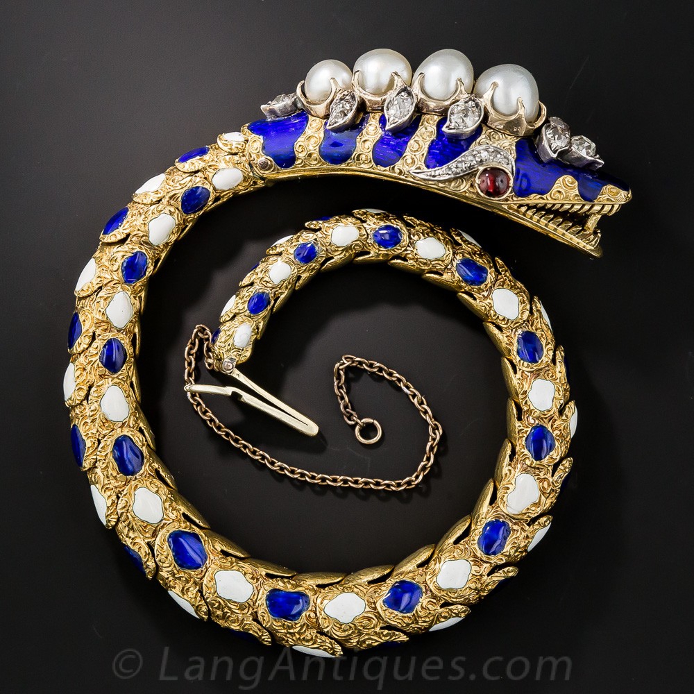 Victorian Enamel, Diamond, and Natural Pearl Snake Bracelet