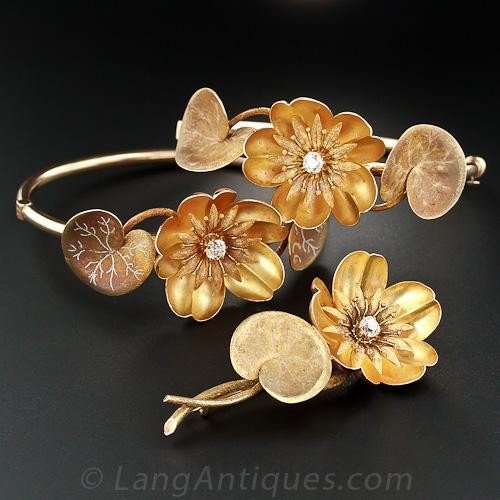 Art Nouveau Gold and Diamond Water Lily Bracelets and Brooch