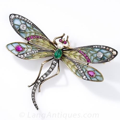 Art Nouveau Plique-a-Jour Dragonfly Brooch