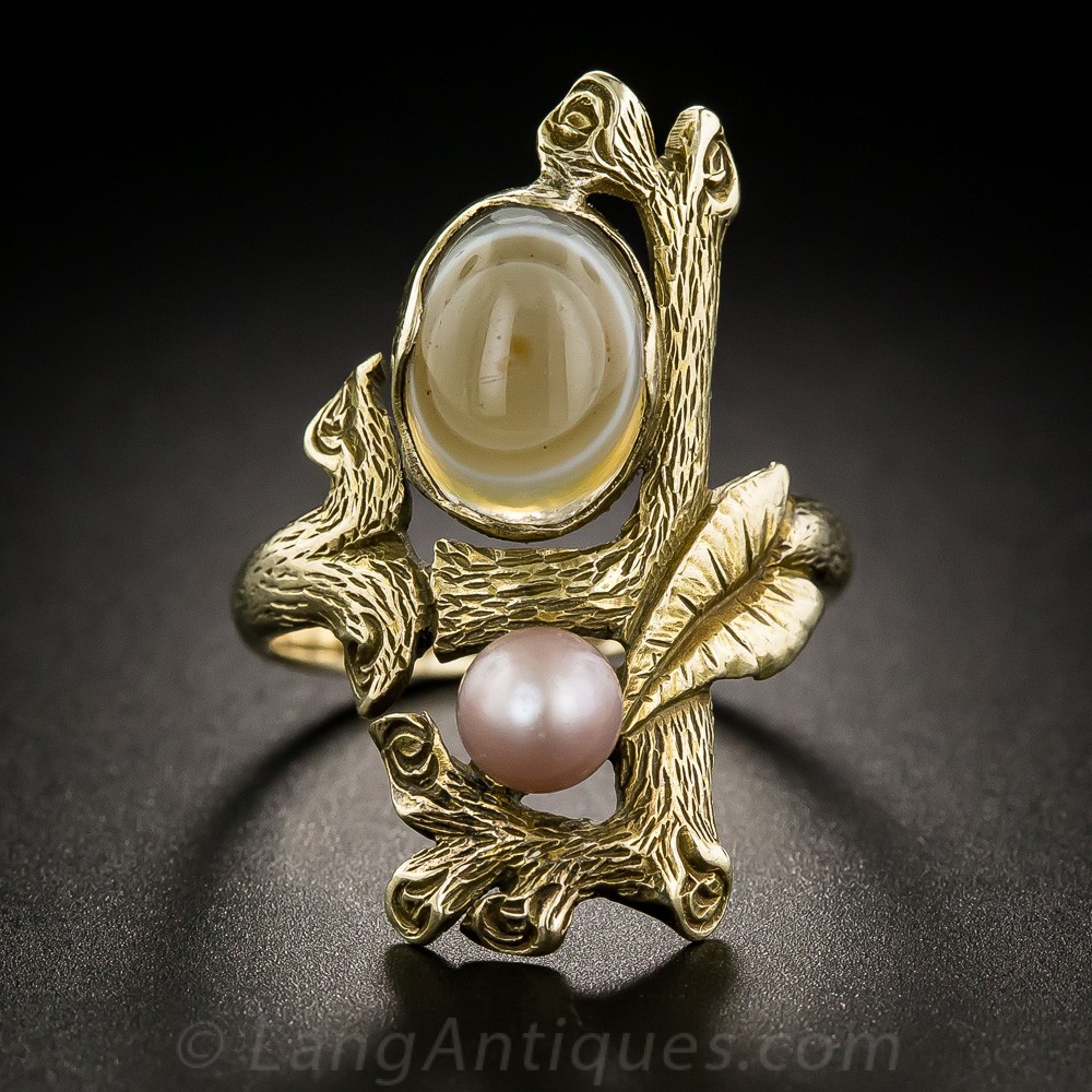 Arts & Crafts Natural Pearl and Agate Ring
