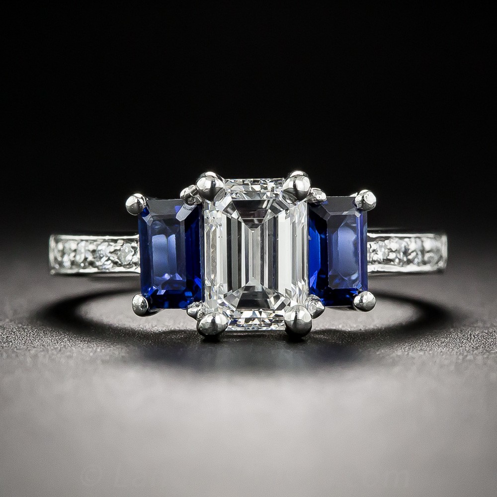 1.08 Carat Emerald-Cut Diamond and Sapphire Three-Stone Ring