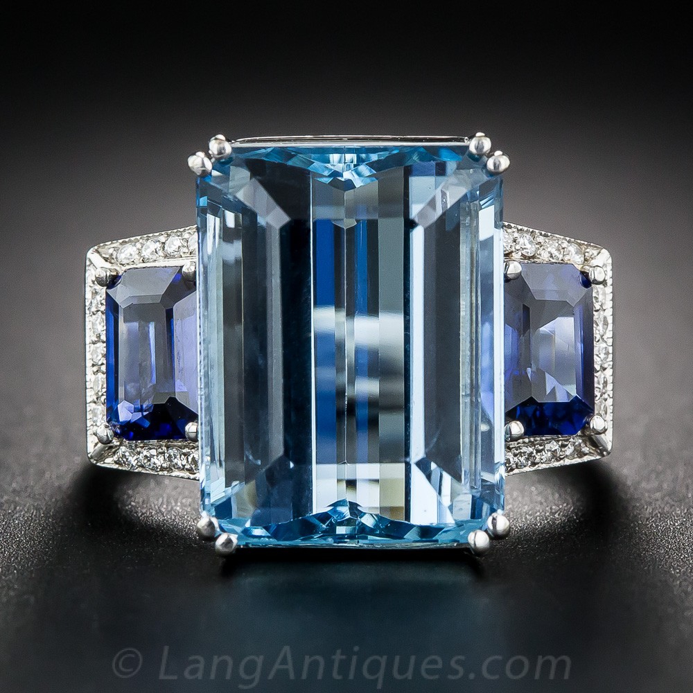 Fine Aquamarine, Sapphire, and Diamond Ring