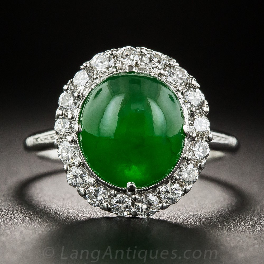 Gemmy Natural Jade and Diamond Ring
