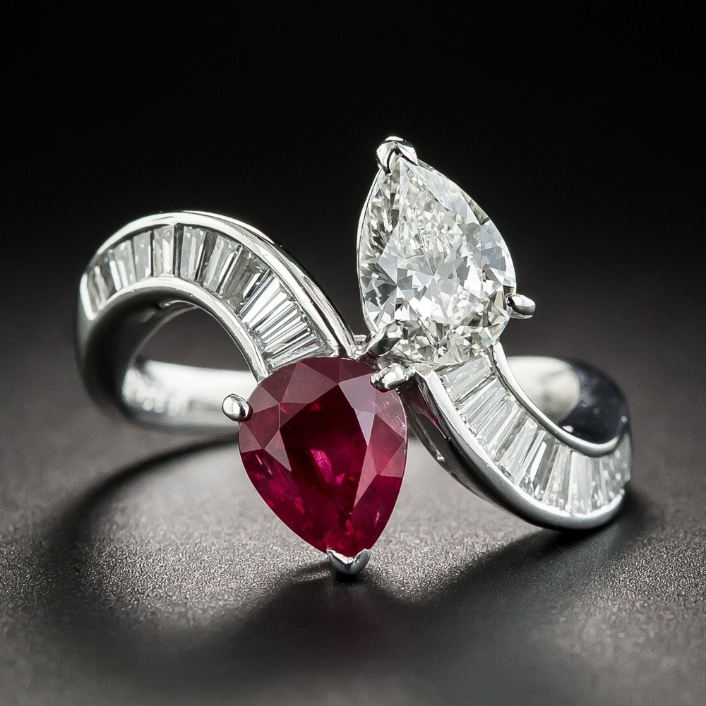 Platinum Pear Shape Ruby and Diamond Bypass Ring