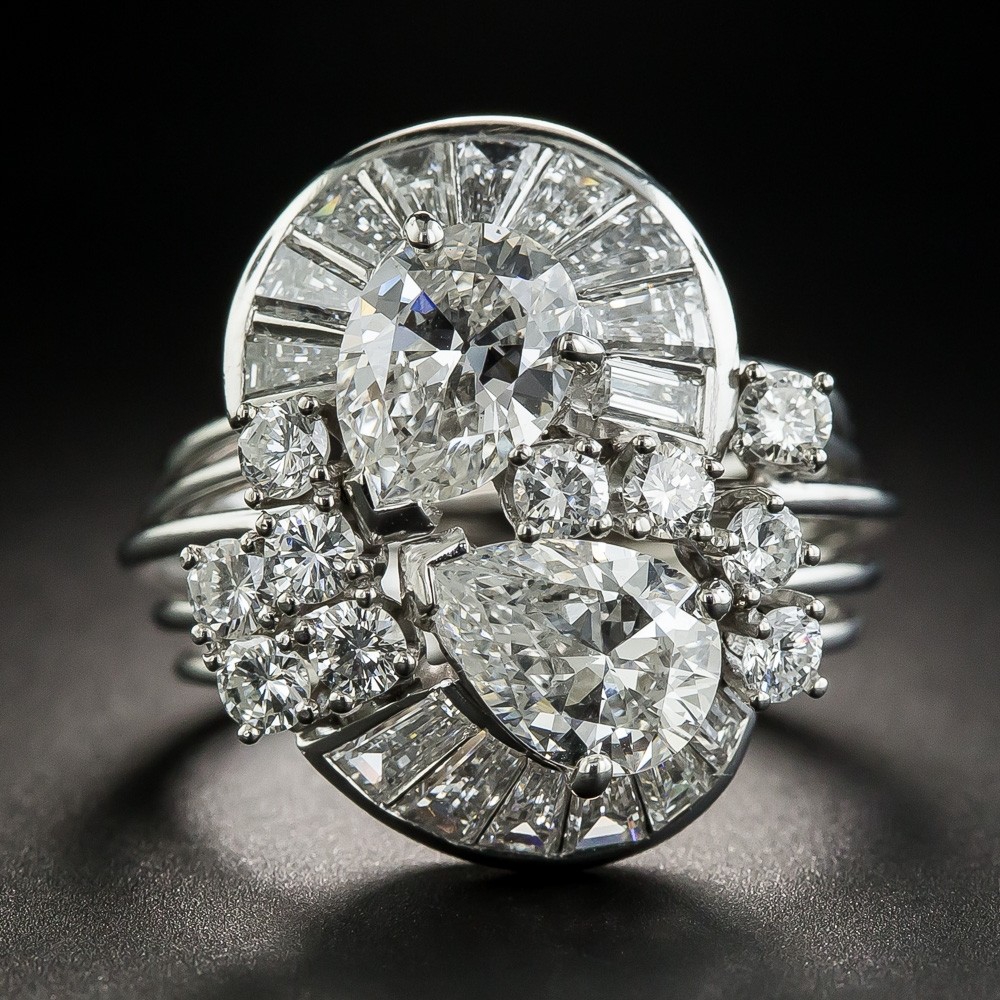 Mid-Century Double Pear Shape Diamond Cocktail Ring
