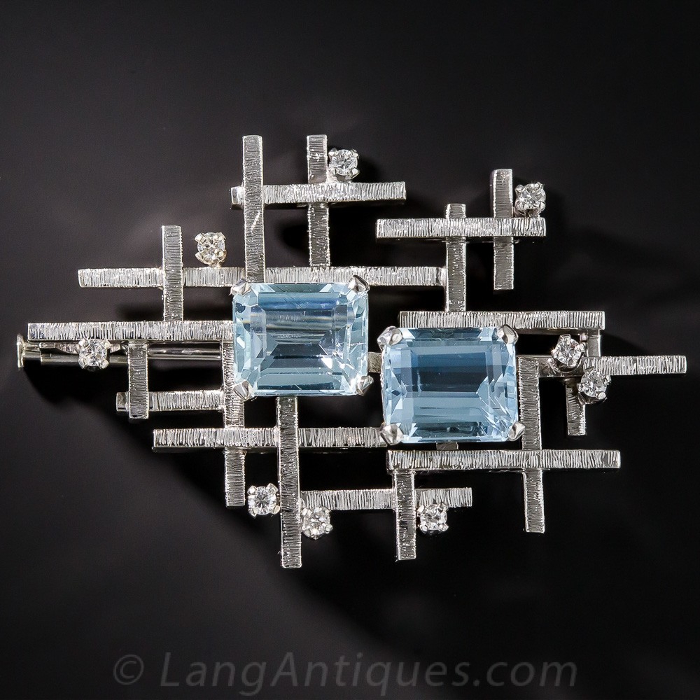 Mid-Century Modern Aquamarine and Diamond Brooch