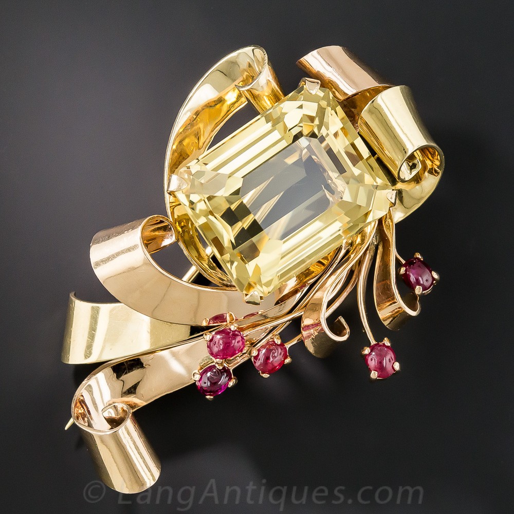 Large Retro Two-Tone Citrine and Ruby Brooch