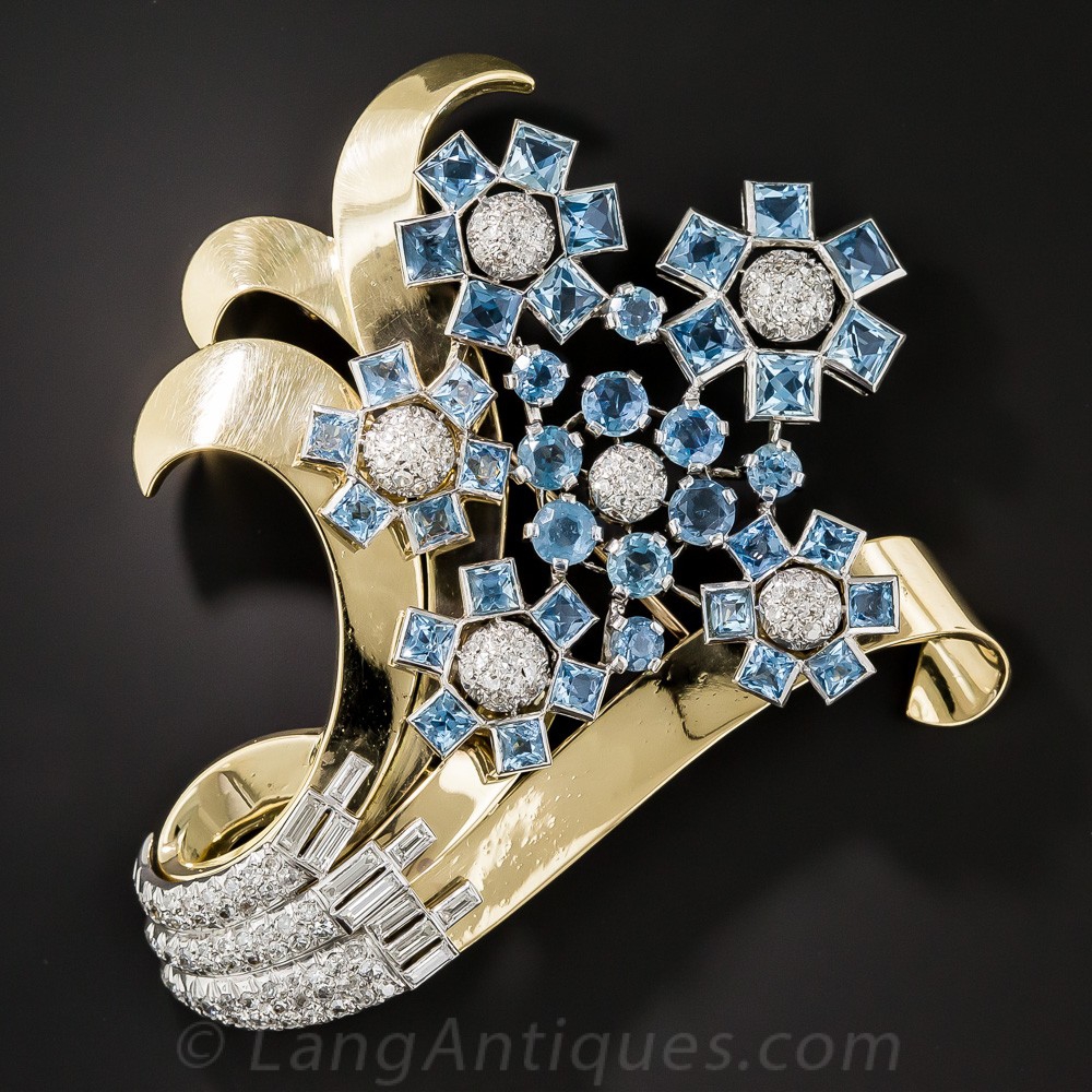 Retro Aquamarine and Diamond Flower Brooch