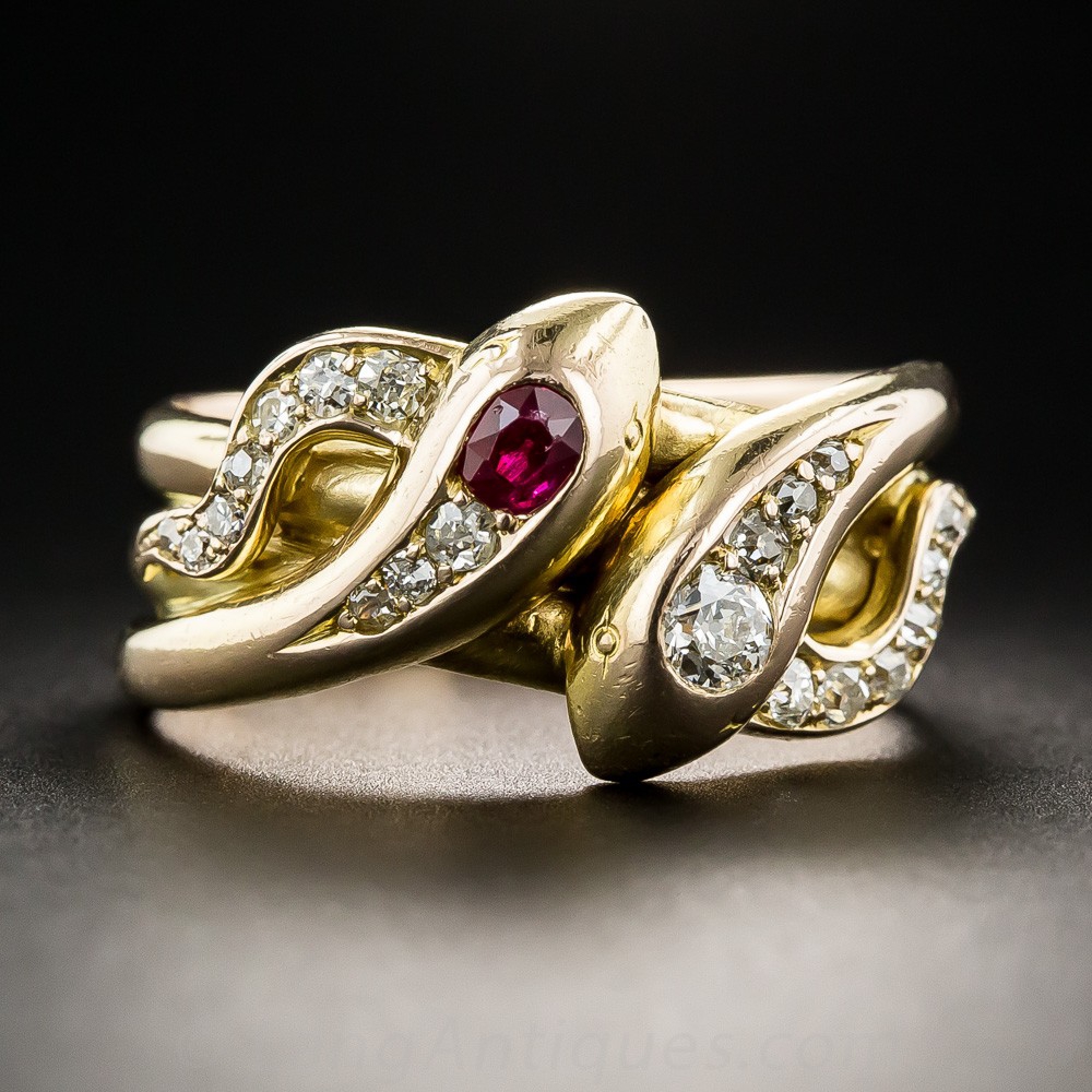 Antique Diamond and Ruby Double Snake Ring
