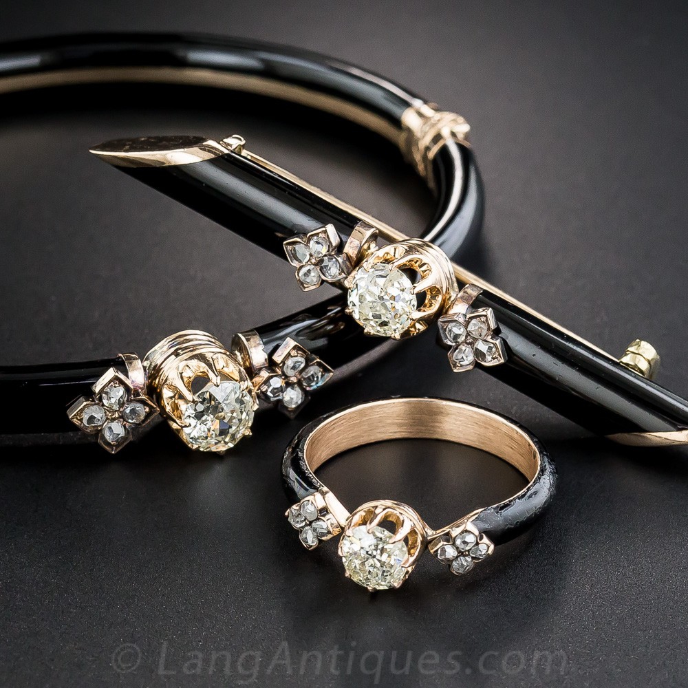 Victorian Black Enamel Bracelet, Brooch and Ring Suite