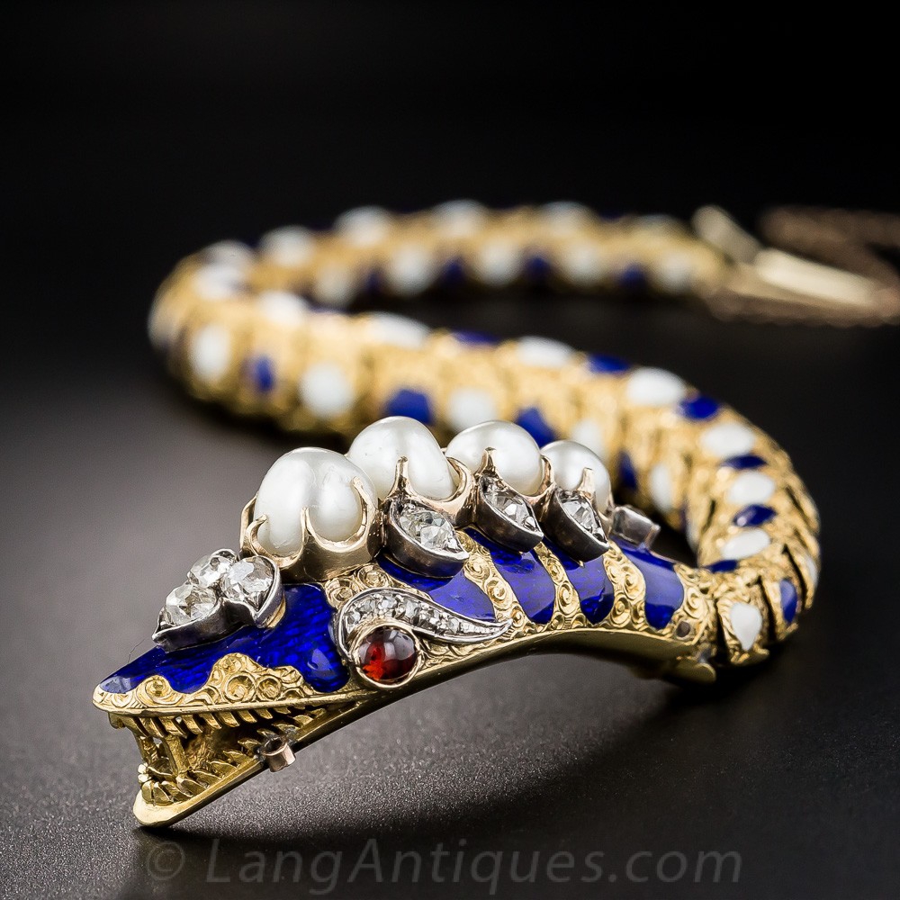 Victorian Enamel, Diamond and Natural Pearl Snake Bracelet