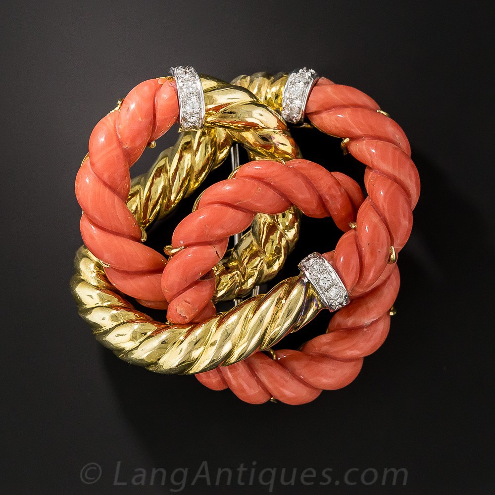 Coral and Gold Knot Brooch