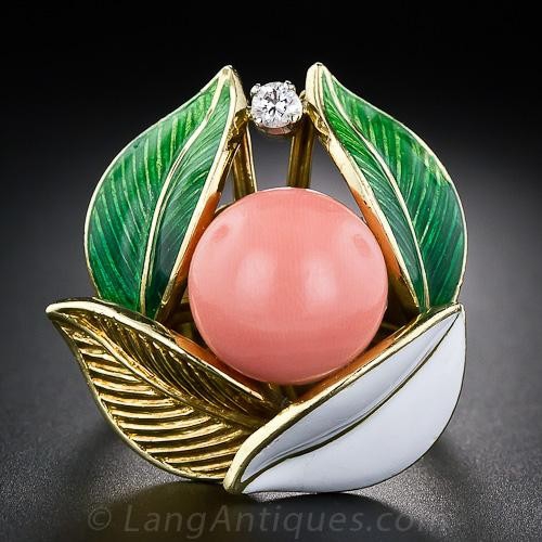 Coral Enamel and Diamond Ring